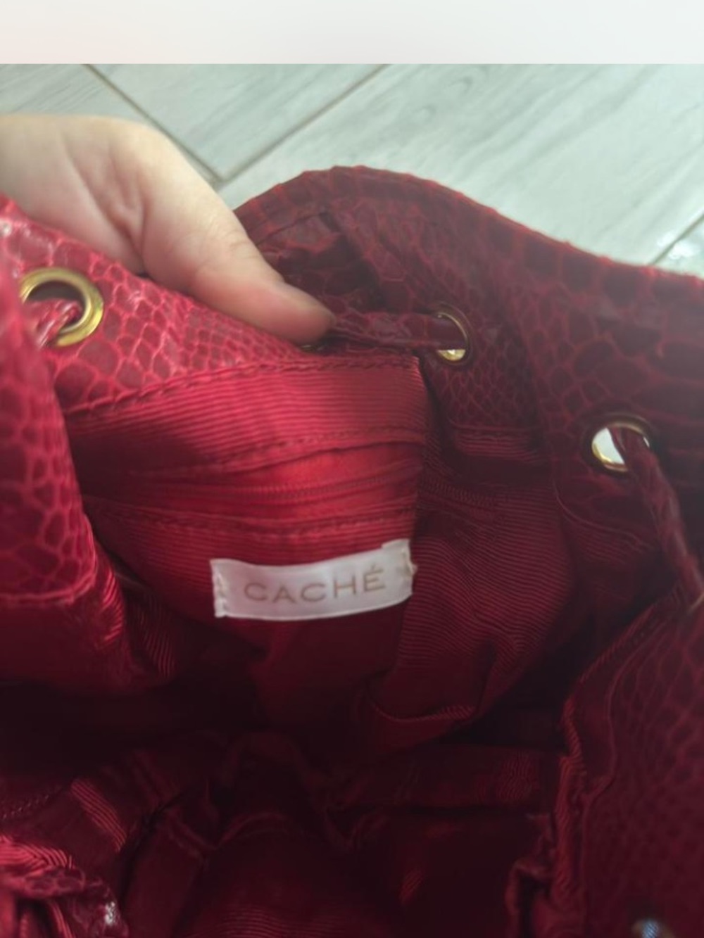Cache Red Textured Drawstring Mini Bag with Gold Chain - Picture 4 of 8